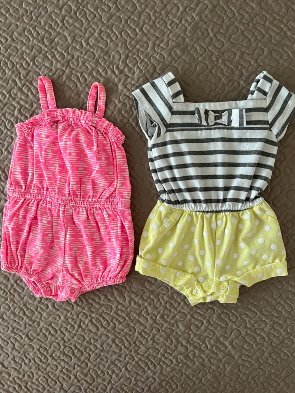 Cherokee Gray & White Striped Baby Girl Romper and Pink & White Baby Romper Set